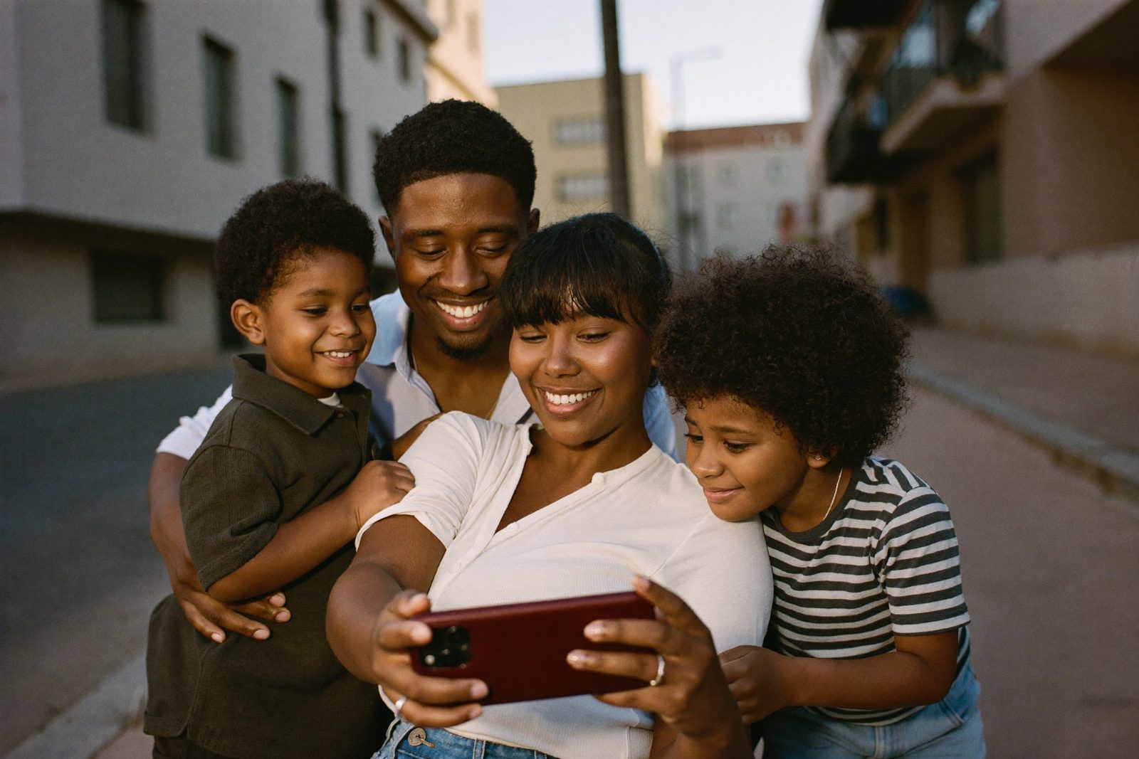 Família moçambicana urbana a olhar para um telemóvel